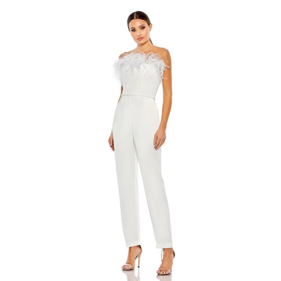 Mac Duggal | Feather Trim Strapless Jumpsuit White Size 0 NEW 68416 - Picture 1 of 10